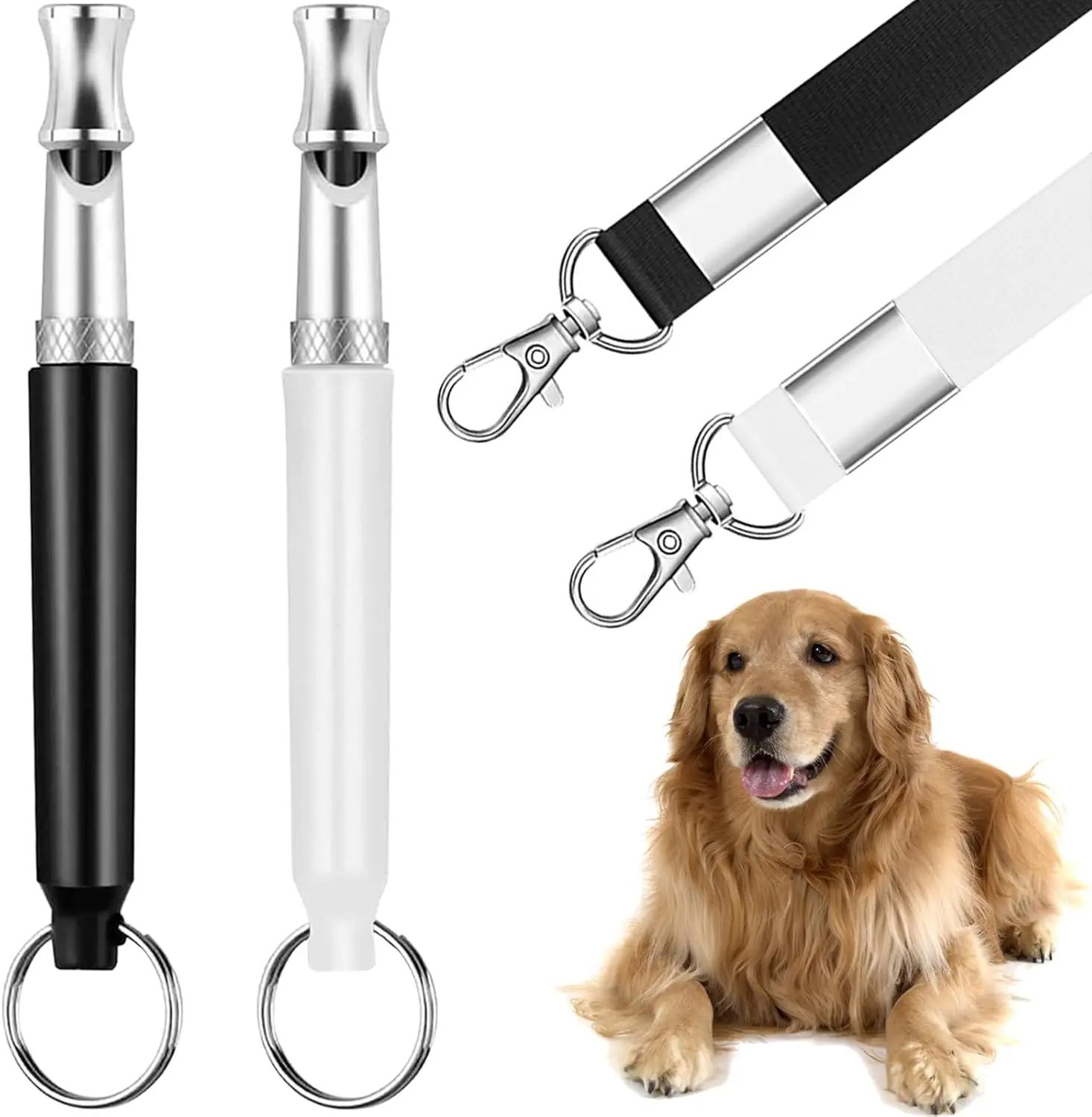 Adjustable Silent Dog Training Whistles with Lanyard, Black and White Set