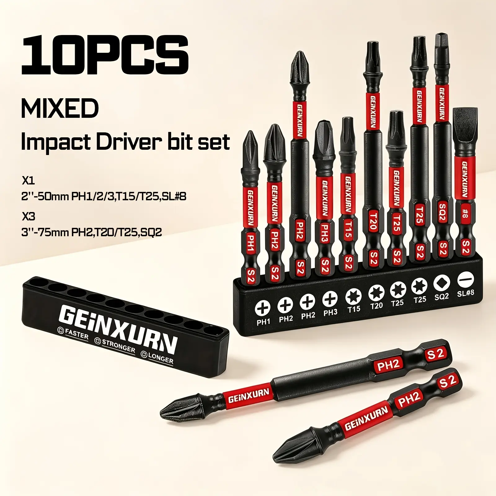 GEINXURN 10/30-piece impact screwdriver set, S2 steel magnetic screwdriver bits, mixed Phillips/Torx/square/slotted tips, 1/4-inch hex shank, , durable, compatible with drills and impact drivers, suitable for home and DIY use,tool kit set
