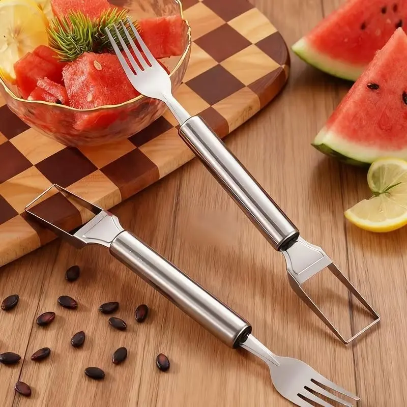 Watermelon Fork Slicer Cutter, 2-in-1 Stainless Steel Watermelon Slicer & Fruit Fork, Summer Kitchen Gadget for BBQ Parties, Camping & RV Adventures