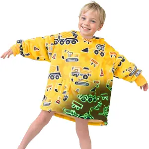 Excavator Wearable Blanket Hoodie for Kids 2-6 YR - Glow in The Dark Truck Blanket with Oversized Pocket - Construction Toys Tractor Car Decor Cozy Sweatshirt Blanket for Boy Birthday Gifts