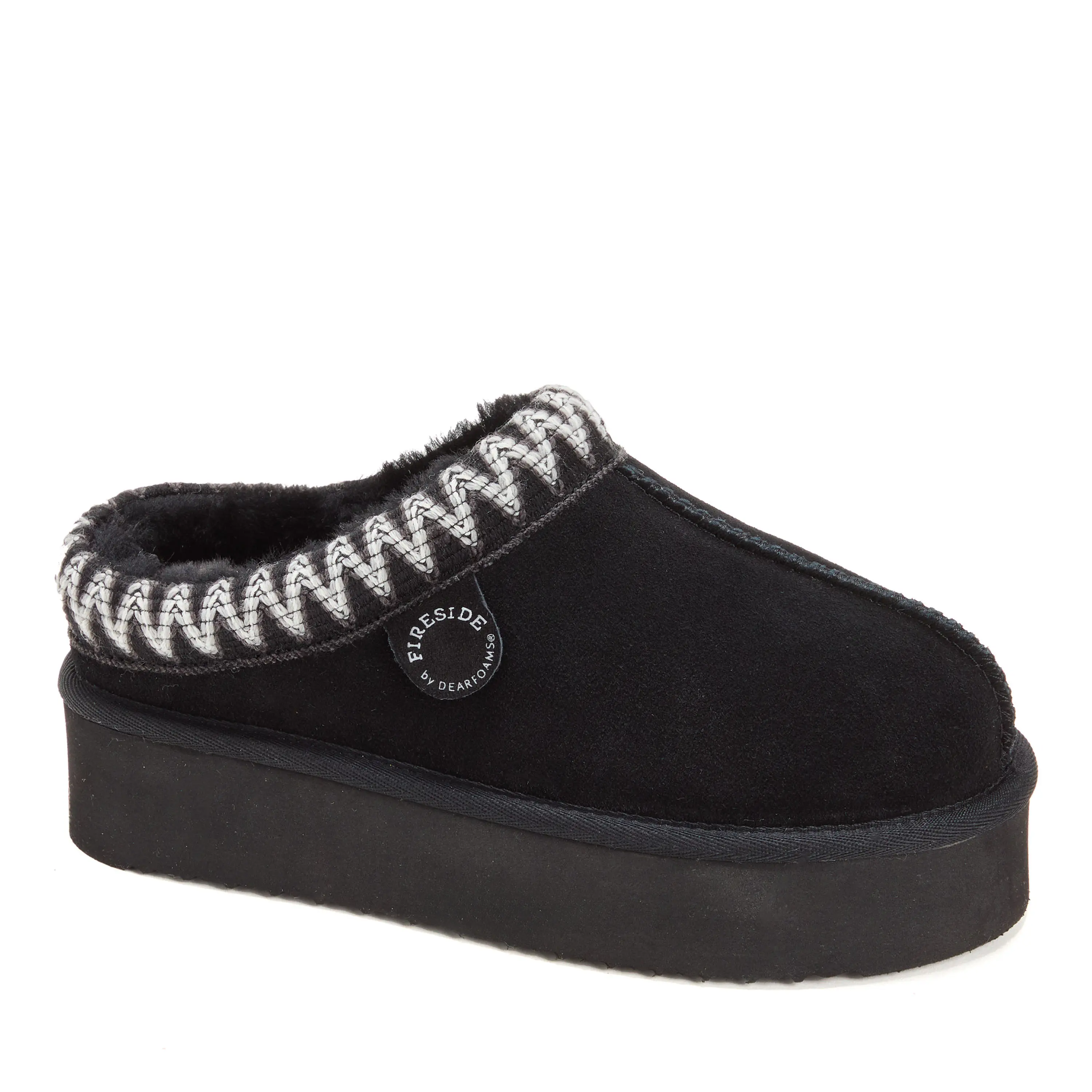 Fireside by Dearfoams Women's Classic Genuine Shearling Clog, Suede Platform Footwear with Embroidery & Woven Trim