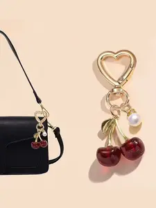 Heart-Shaped Cherry Pearl Pendant | Sweet And Cool Retro Style, Metal Heart Buckle, Wine Red And Pink Cherries, Pearl Accents, Can Be Used As Bag Charm / Keychain, Suitable For Commuting Outfits, Trendy Fashionable Accessories, Versatile Accessory