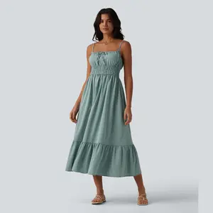 Halara Tie Front Flowy Midi Casual Linen-Feel Slip Dress