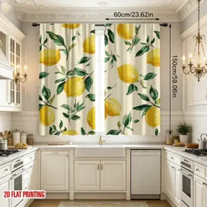 2-piece lemon printed curtains, Home Decoration Curtain - modern farmhouse style, translucent with lemon and leaf patterns, machine washable polyester fabric, suitable for bedrooms, living rooms, kitchens