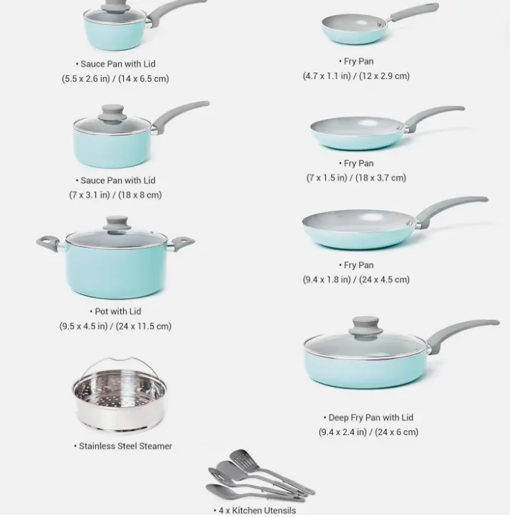 M 16-Piece Non-Stick Ceramic Stone Cookware Set, Turquoise - With Steel Lids for Oil Frying