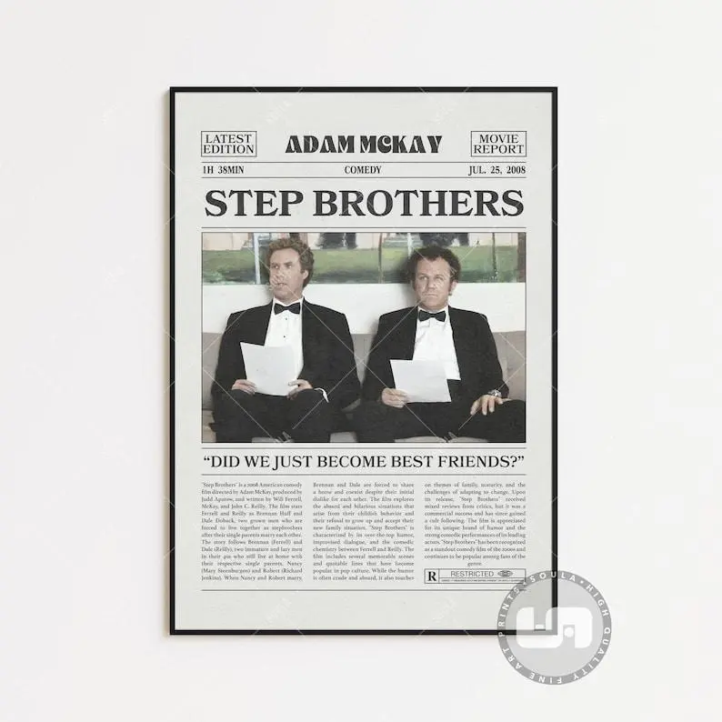 Step Brothers Poster, Adam McKay, Movie Poster, Retro Newspaper, Black White Wall Art, Vintage Retro Art Print, Custom Movie Poster