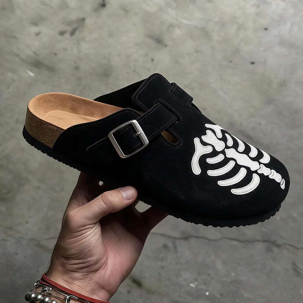Goth Skeleton Embroidered Suede Mule Clogs - Dark Streetwear Slip-On Sandals for Men