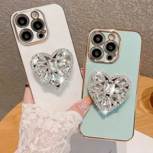 Straight-edged Exquisite Premium Heart-shaped Rhinestone Stand Phone Case for iPhone 17 16 15 14 Plus 13 12 11 Pro Max XS XS Max XR Candy-colored Shockproof Protective Case Shockproof Phone Cover