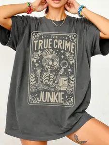 Women's Deep Casual Loose-Fit Knit T-Shirt, Lady Fashion Street Style, Halloween Skull Letter Print, Spring & Fall Wear, Streetwear, Womenswear, Day