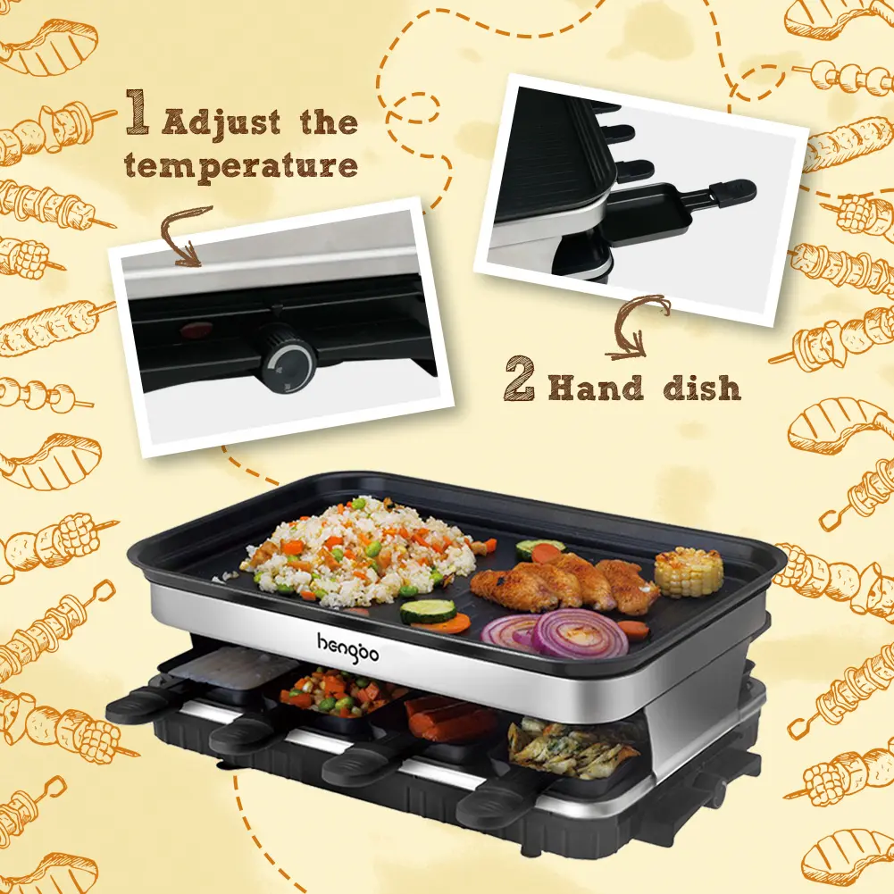 8 People Grill Plate Non-stick Coated, Raclette with 8 Mini Raclette ...