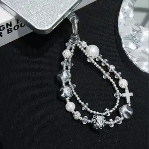 Beaded Aesthetic Phone Lanyard & Metallic Patch Set, Phone Strap with 360 Degree Rotatable Clip, Phone Charm for Women & Girls, Phone Decoration Accessories