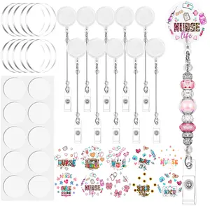 40pcs DIY Beadable Retractable Badge Holder Reels and Clear Circle Acrylic Sheet Badge Reel Blanks Sets with Nurse Theme Stickers DIY Nurse Gifts