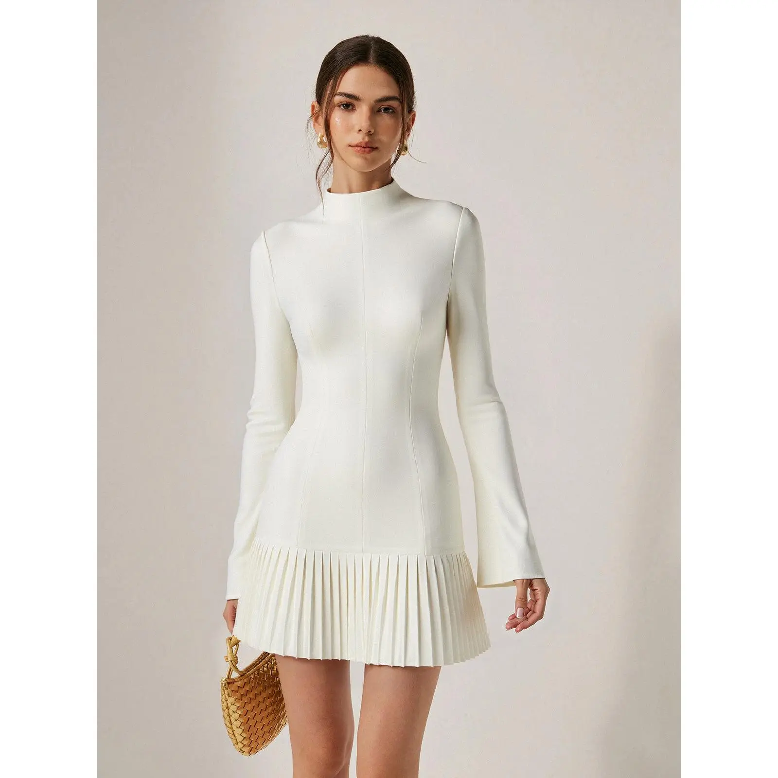 open lace back dress Athena Cream Long-Sleeve Mini Dress With Pleated Hem – Club L London