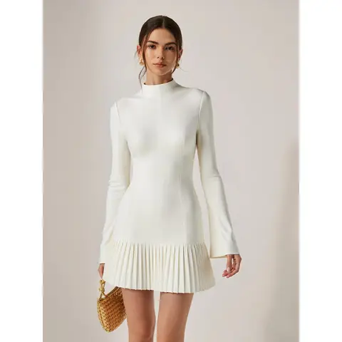Pleated Hem Mock Neck Mini Dress