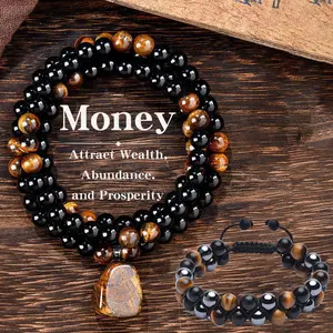 Money Bracelets Necklace Jewelry Set for Women Men, Feng Shui Wealth Tiger Eye Obsidian Beaded Good Luck Natural Stone Protection Jewelry Gifts