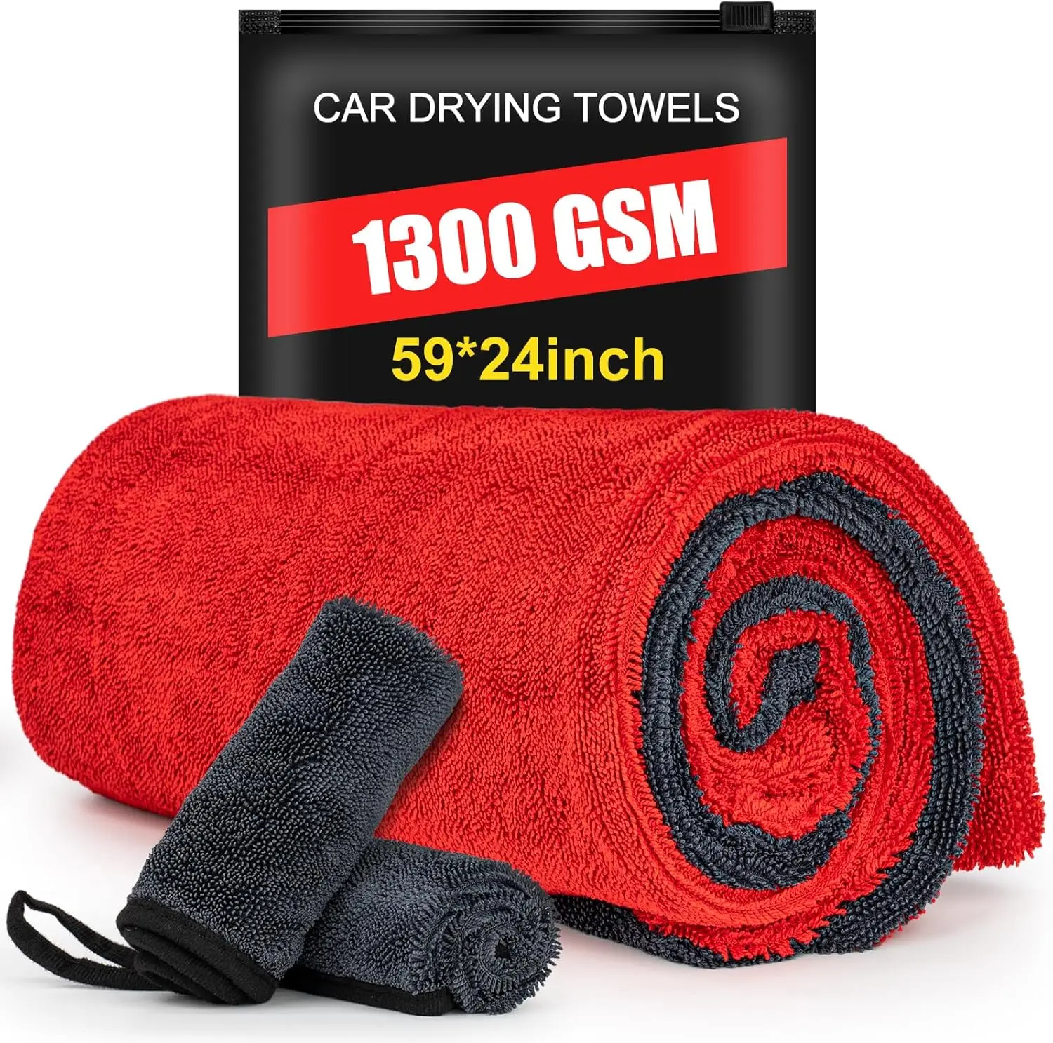 THINKLEARN 3-Pack Extra-Large Microfiber Cleaning Towels - Paint Safe Twist-Loop Cloths, Scratch-Free for Trucks, SUVs, Red, Car Detailing Products, Auto Detailing Supplies, Car Wash Accessories