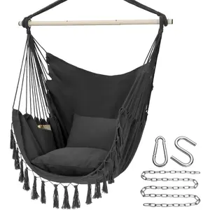 Hammock Chair Hanging Rope Swing, Max 500 Lbs, 2 Cushions Included, Large Macrame Hanging Chair with Pocket, Cotton Weave for Superior Comfort, Durability