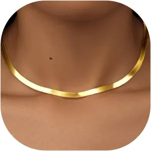 14K Gold Silver Plated Herringbone Necklace for Women, Dainty Snake Chain Choker, Trendy Simple Long Layered Jewelry Non Tarnish, 3/4/5/8mm,14,16,18,20,22,24,26 Inch Thin & Chunky Options