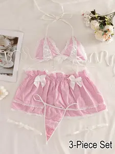 Y2K Cute Feminine Plaid Lace Lingerie Underwear Set 3 Piece, Halter Strap Halter Neck No Underwire, Ruffle Skirt Thong Panties, Maid Cosplay Sleepwear, Womenswear