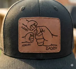 Personalized Daddy Fist Bump Hat,Custom Kids Names Leather Patch Trucker Cap Gift for Dad