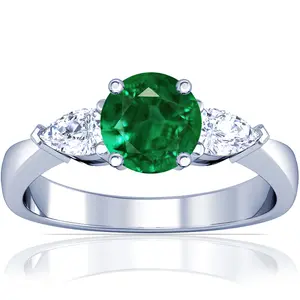 Emerald Round and Diamond Three Stone Ring - (14k White Gold)- R60492REEM