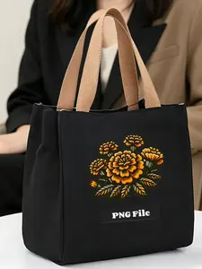 #MarigoldTote #MexicanFlowerBag | Black Canvas Tote Bag with Mexican Marigold Print, Festive Shopper with Beige Handles, Large Capacity Reusable Handbag, Durable & Vibrant, Perfect for Day of the Dead & Cultural Events