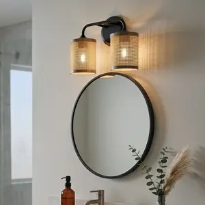 Quell Double Light Vanity With Natural Rattan Shade Wall Lamp On-Site