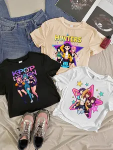 Girls' Summer Light-Trendy Anime T-Shirt Set: Anime Girl Group + Slogan Print Short-Sleeve 3-Pack, Graphic Shirts, Soft Skin-Friendly Quick-Dry Fabric, Niche Trendy-Cute Style, Energetic Design for Vitality, Ideal for Summer School & Casual Play