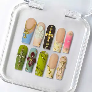 NailColdan  2026 100% Handmade Salon Quality  New coffin style PETAL MEMENTO Press on Nails 3D Designer Acrylic Nails Long Reusable False Nails 10PCS for Women Party Gift