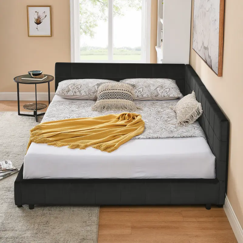 Queen Size Upholstered Daybed Frame Velvet Sofa Bed with Comfortable Backrest and Armrests, Queen Size Bed for Bedroom, Living Room