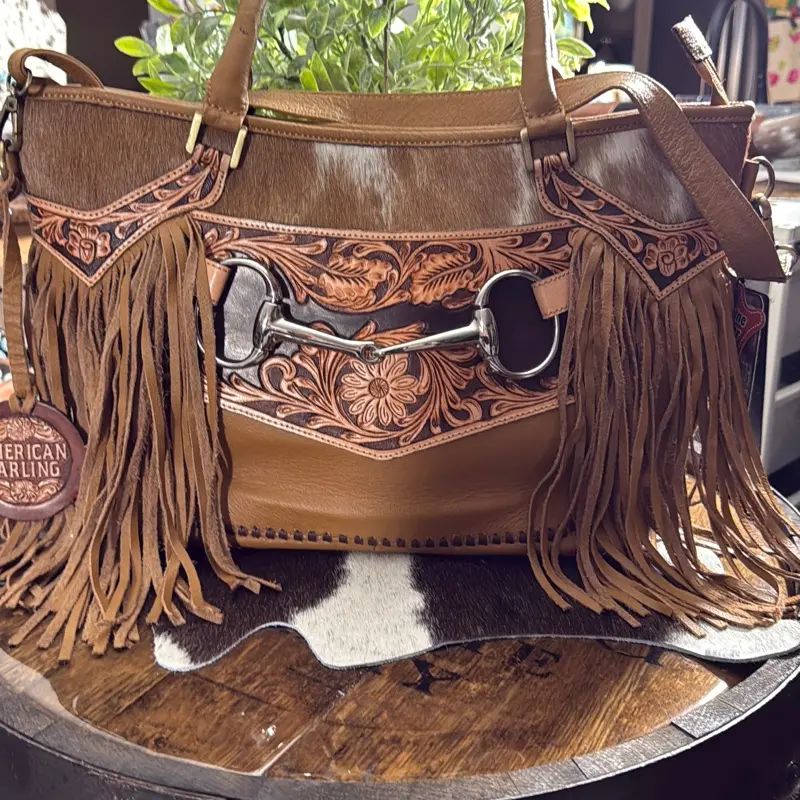 American Darling  tan leather cowhide tote bag
