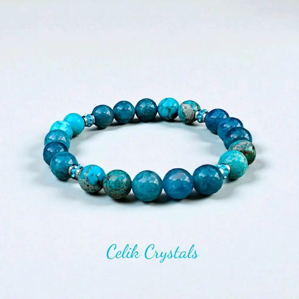 Apatite Bracelet with Imperial Jasper & Stainless Steel Spacers 8mm Natural Stones Stretches Unisex Healing Crystal Bead Bracelet