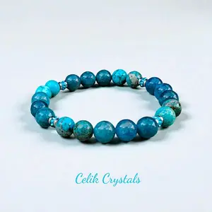 Apatite Bracelet with Imperial Jasper & Stainless Steel Spacers 8mm Natural Stones Stretches Unisex Healing Crystal Bead Bracelet