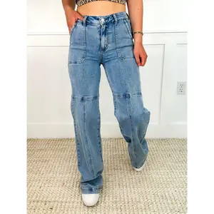 Asking Around High-Rise Cotton Blend Wide Leg Medium Wash Avery Mae Jeans