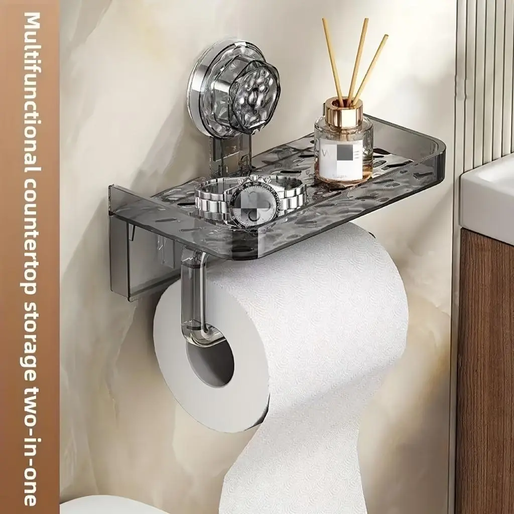 Transparent Color Adhesive Suction Cup Toilet Paper Holder, No-Drill Wall-Mounted Tissue Rack for Bathroom Vanity