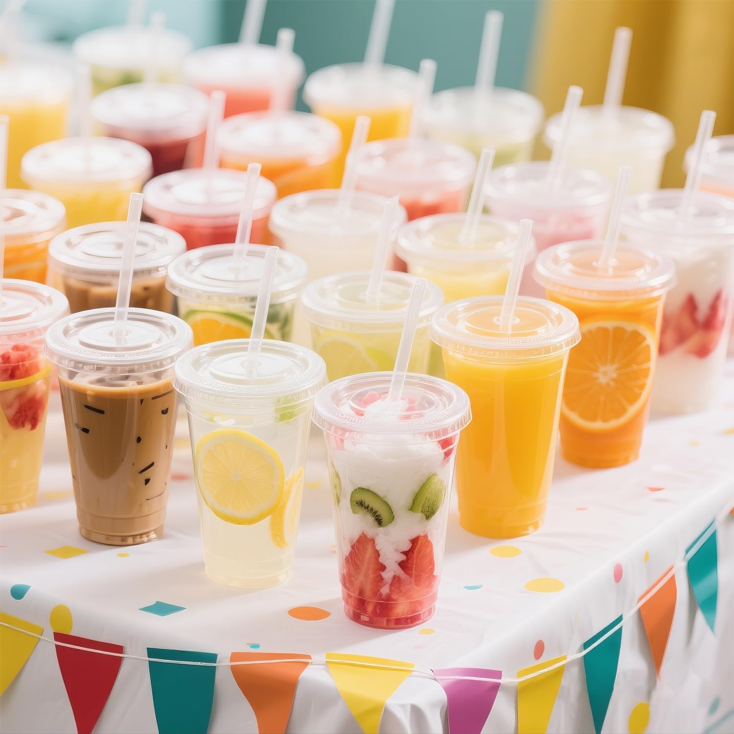 50 Pack 24 oz Clear Plastic Cups with Lids and Straws, Disposable PET Cups for Iced Coffee, Smoothie, Boba Tea, Leak-proof & BPA Free