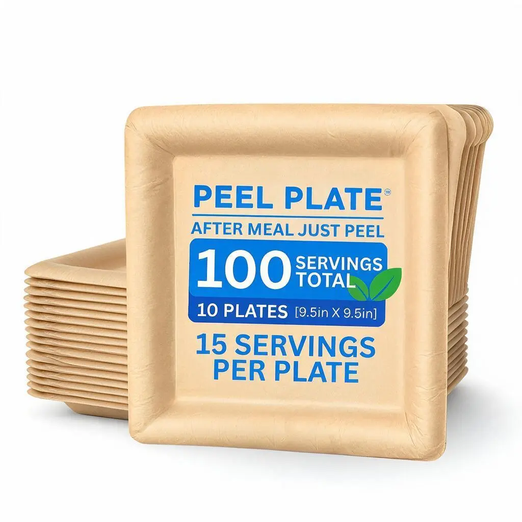 Peel Plate [10-Pack] 100 Servings Total [9.5in X 9.5in] - 2 Month Supply of Reusable Paper Plates