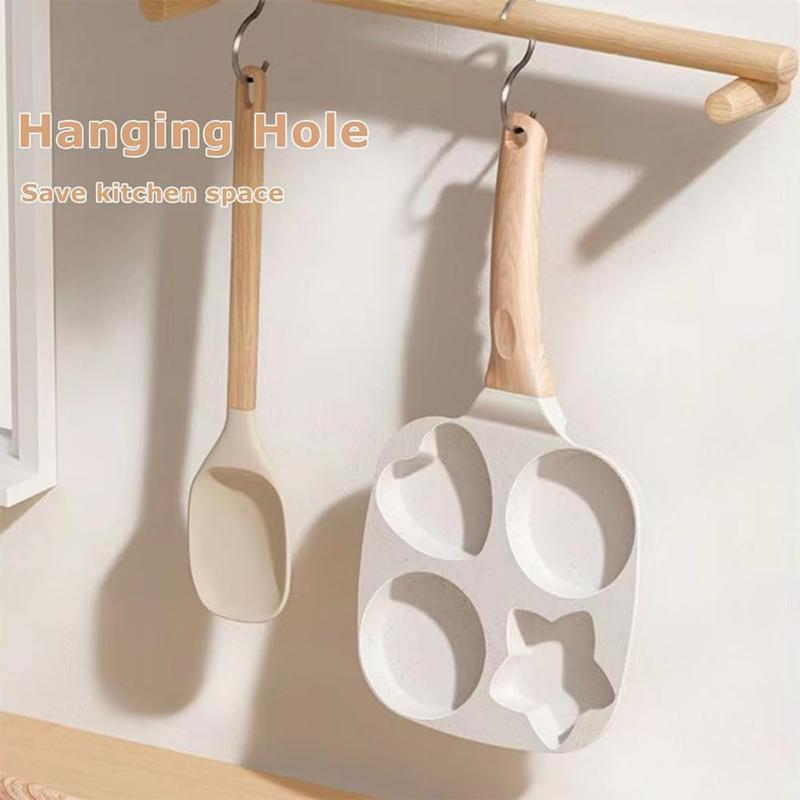 Non-stick Hole Design Egg Frying Pan, 4 Hole Skillet with Handle, Small Egg Fry Pan 4-in-1 Divided Grill Pan, Wooden Handle Stone Omelet Non-stick Cookware, Breakfast Pancake Pan, Kitchen Gadgets for Gas and Induction Cooktops gas stove