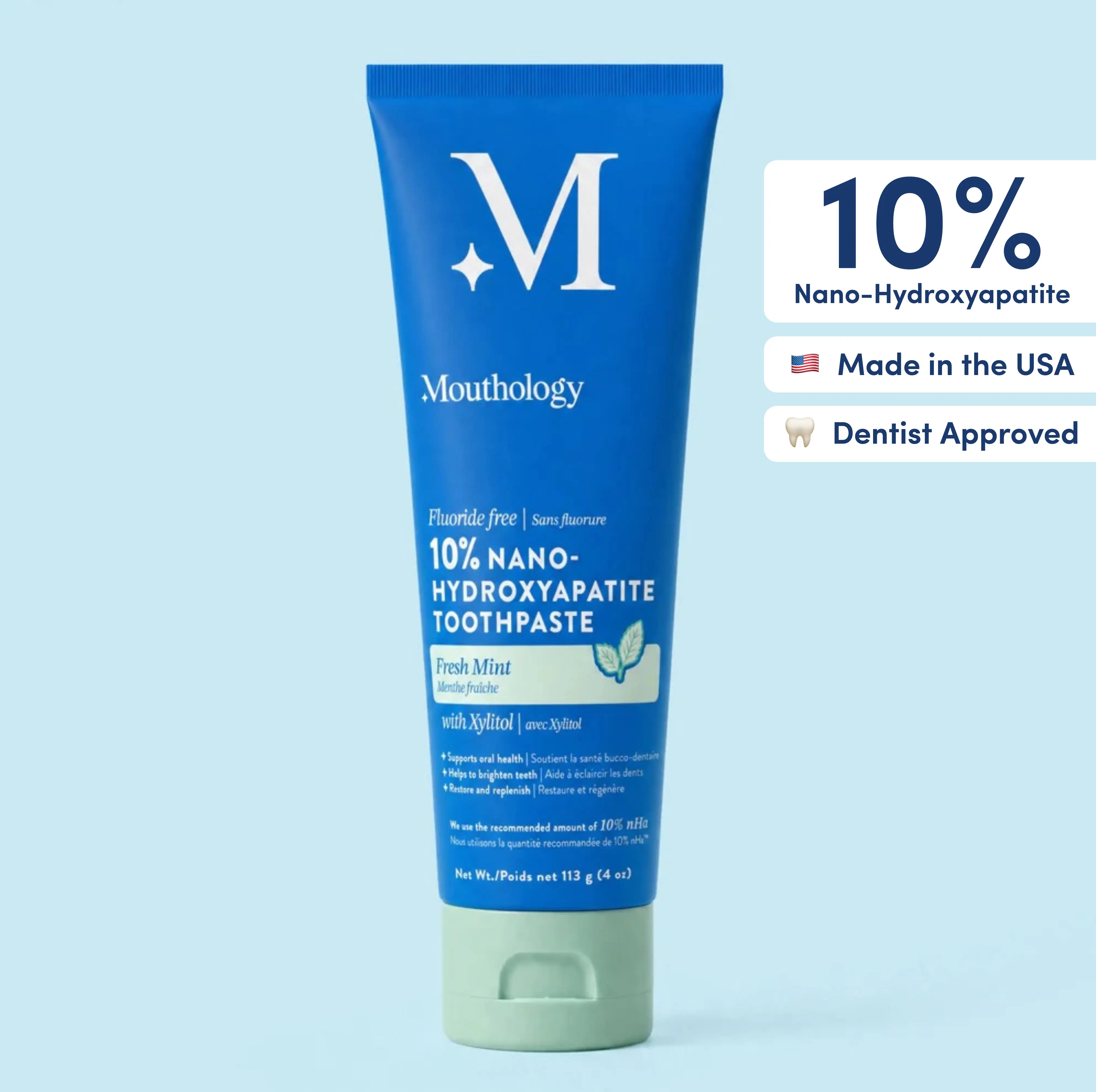 Mouthology 10% Daily Care Nano-Hydroxyapatite Toothpaste | Fluoride-Free Enamel Care, Fresh Mint, Made in USA, Gentle Formula, SLS-free, Xylitol Supports Oral Environment