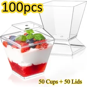 (50 Cups + 50 Lids) 2 oz Square Mini Dessert Containers with Lids – Clear Plastic Cups for Pudding, Fruit, Jelly & Freeze-Friendly Treats | Perfect for Parties & Catering, Disposable Tableware