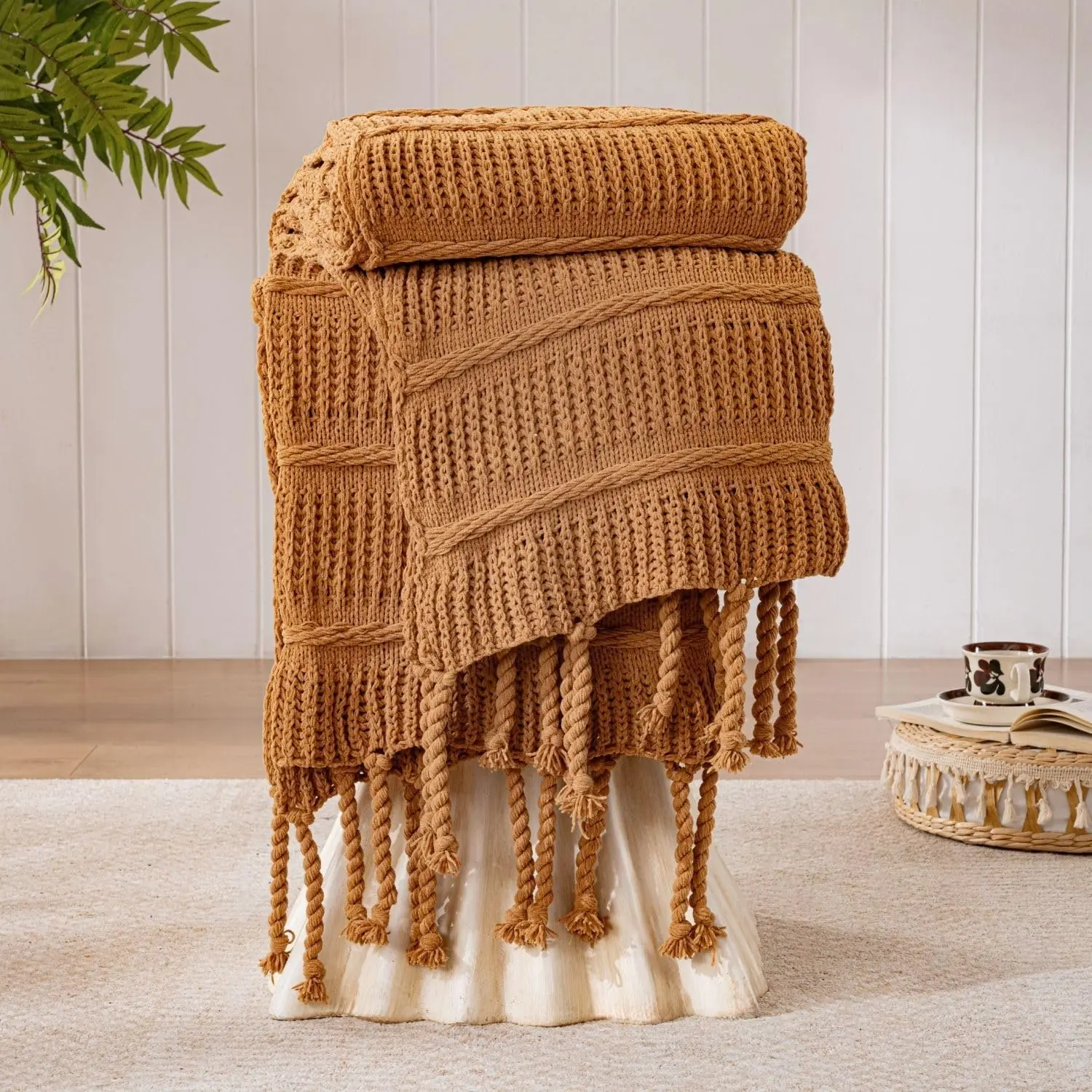 Amber Brown Boho Knitted Chenille Throw Blanket with Tassels - Breathable, Lightweight, Soft All-Seasons Blanket - 3D Classic Pattern for Living Room, Bedroom - 50" & Queen Size