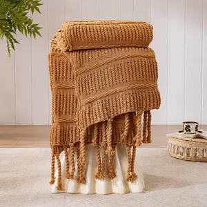 Boho Knitted Chenille Blanket with Tassels - Lightweight & Soft All-Season Throw - 3D Classic Pattern for Living Room Bedroom Couch, Amber Brown, Throw 50"