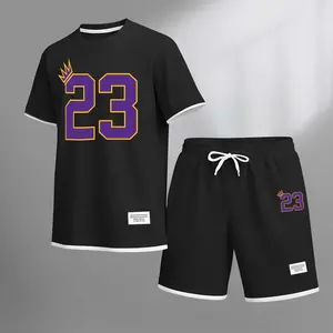 Men's Basketball Print Drawstring Shorts Set For Spring/Summer. A Casual Summer Outfit, Including A Short-Sleeved Shirt And Shorts, Suitable For Everyday Wear And Sports. A Two-Piece Set For A Relaxed And Energetic Lifestyle.