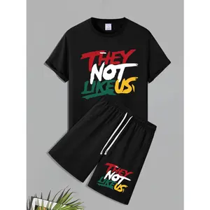 2pcs Men's Casual Crew Neck T-Shirt and Shorts Set, Geometric "They Not Like Us" Print, Polyester Knit Fabric with Slight Stretch, Breathable All-Season Loungewear Polyester shorts T-shirt