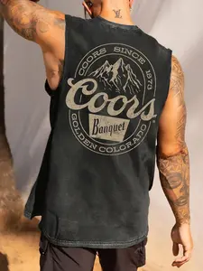 Men's Mountain & Letter Print Vintage Tank Top, Muscle Tank Top, Stylish Tank, Loose Casual Street Sleeveless Top for Summer, Men's Top for Daily Wear, Socks