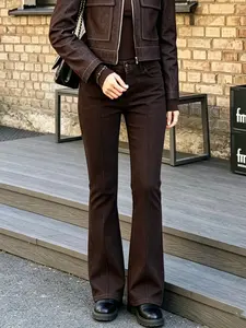 Women's Pants Vintage Brown Flare Pants High Waist Slim Fit Trousers Female Casual Solid Color Long Pants Daily Wear Pants Women's Tailoring Stretch Denim-Look Trousers
