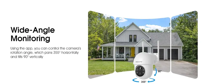ARCCTV APP-Enabled Wireless Outdoor Solar Security Cameras (2 Pack), 2K 360° PTZ Adjustable Camera, 2.4G 5G WiFi, Automatic Night Vision with Spotlight, 2-Way Audio, PIR Motion Sensor, Easy Installation, Stable Connection, Rechargeable Charging Support