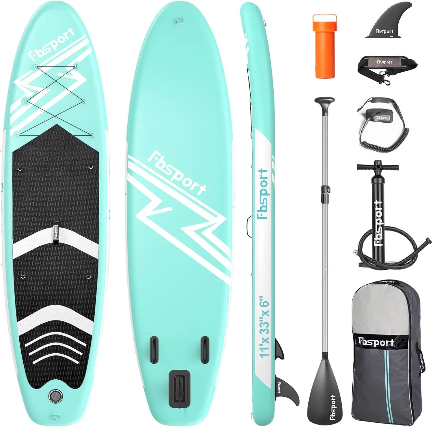 FBSPORT 11' Inflatable Stand Up Paddle Board, Extra Wide Stable SUP with Non-Slip Deck & Complete Accessories Kit | Paddle, Pump, Leash and Carry Bag for Adults, Youth & Beginners