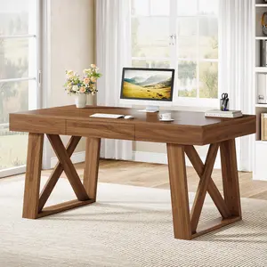 TRIBEWOOD 55" Wide Desktop Executive Desk with Drawer, Retro Brown Computer Office Desk, Modern Wood Business Workstation Table for Home Office