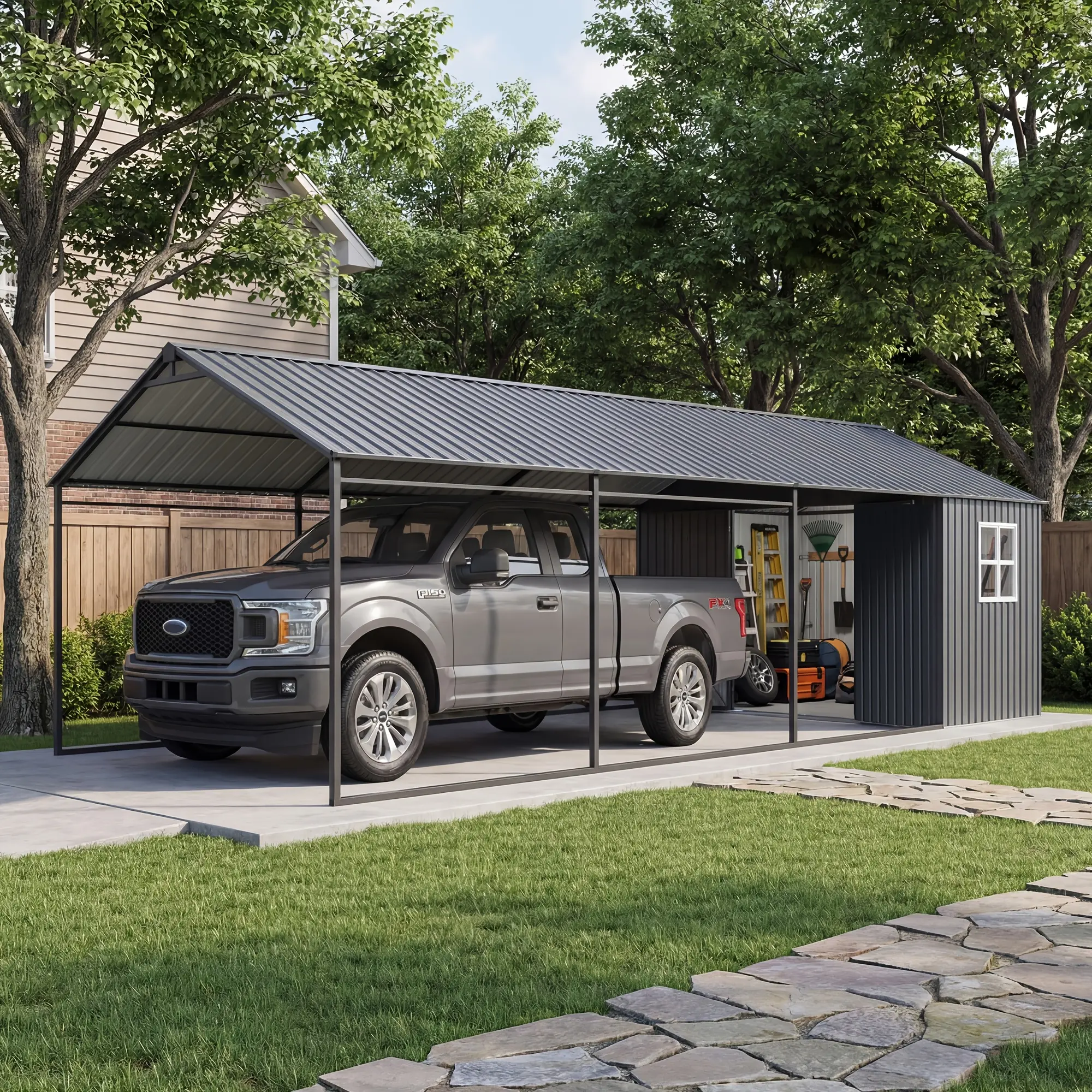 Metal Carport and Storage Unit | Creative 12X25Ft Enclosed Shed · 10.8FT High Walk-In · 150 Lbs/Sq.Ft Load Capacity · Galvanized Steel Framework · Expert All-Weather Vehicle Safeguarding · Grey/White